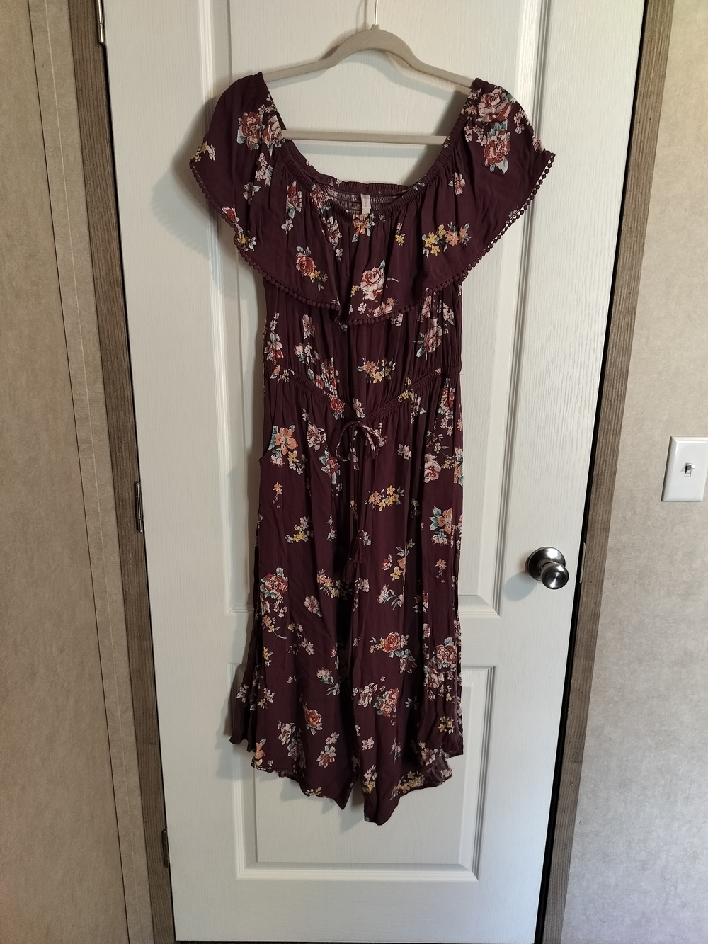 Xhilaration Burgundy Floral Off-Shoulder Capri Jumpsuit - Size L